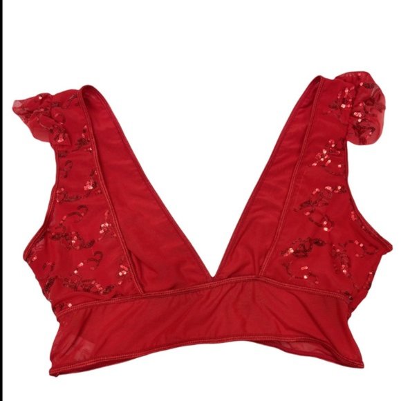 Red Sequin Longline Bralette Sheer Mesh size XL - Picture 2 of 6